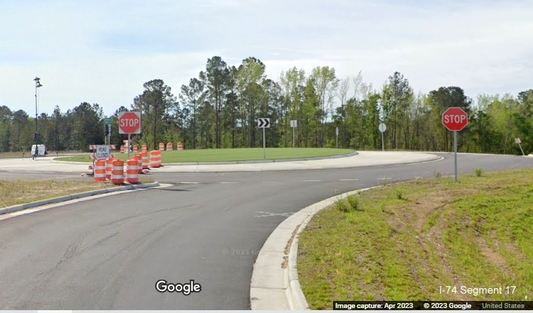Image of driving completed exit ramp to Old Boardman Road on US 74/NC 130 East, Google Maps 
        Street View image, April 2023