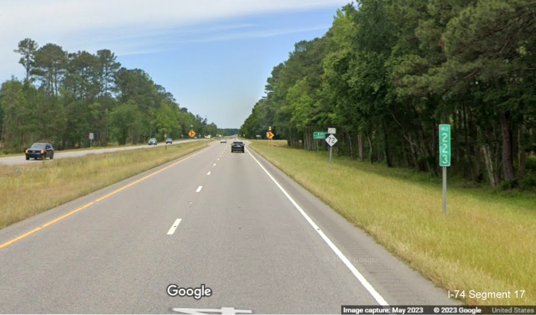 Image of future interchange site at the current intersection of US 74 East and NC 72 in Robeson 
        County, Google Maps Street View, April 2023