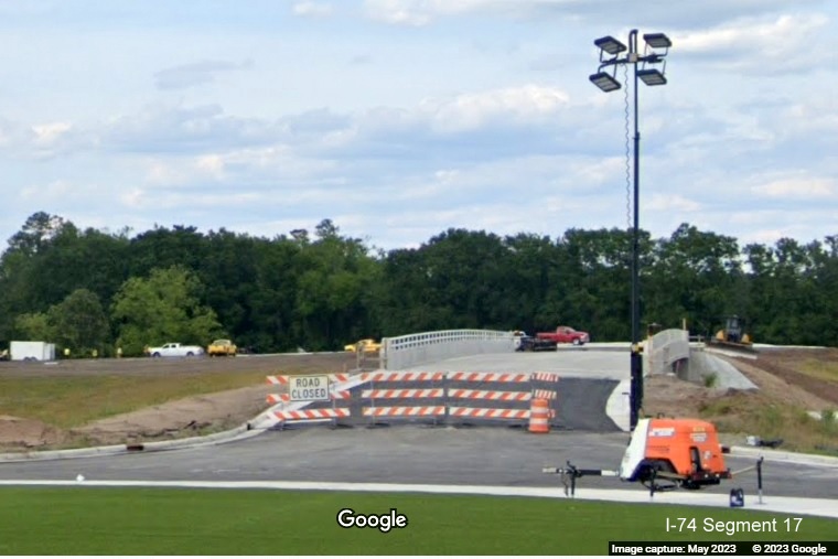Image of future Old Boardman Road bridge over US 74/NC 130, Google Maps 
        Street View image, April 2023