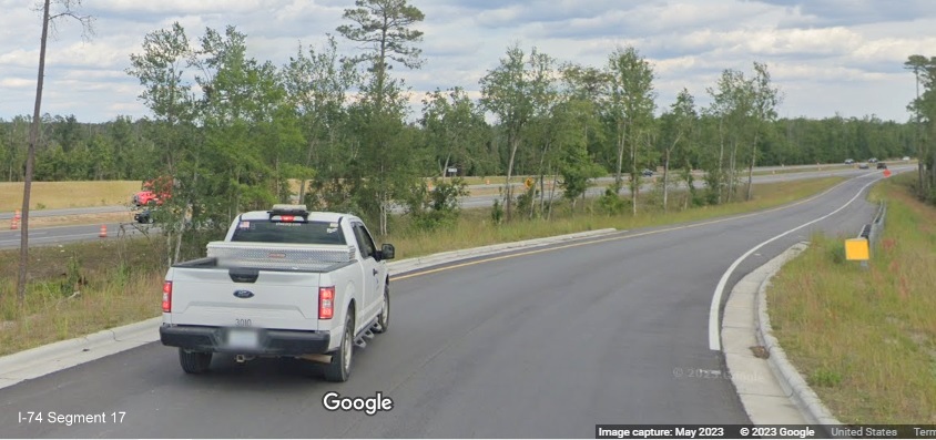 Image of future on-ramp to US 74/NC 130 East in Boardman, Google Maps 
        Street View image, April 2023