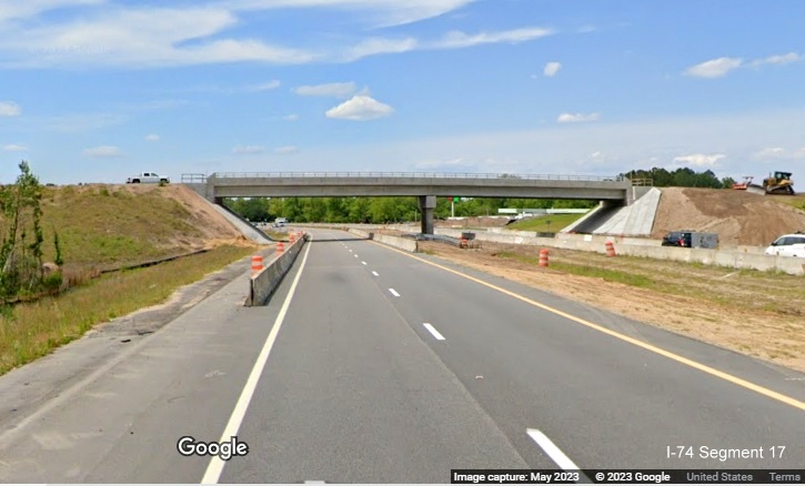 Image of nearly completed bridge over US 74/NC 130 East in Boardman, Google Maps 
        Street View image, April 2023