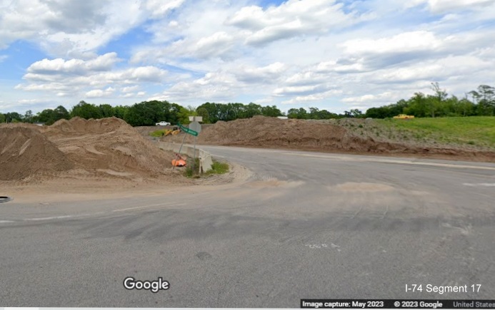 Image of Old Boardman Road intersection with US 74/NC 130 West to be replaced by an on-ramp
        currently under construction, Google Maps Street View image, April 2023