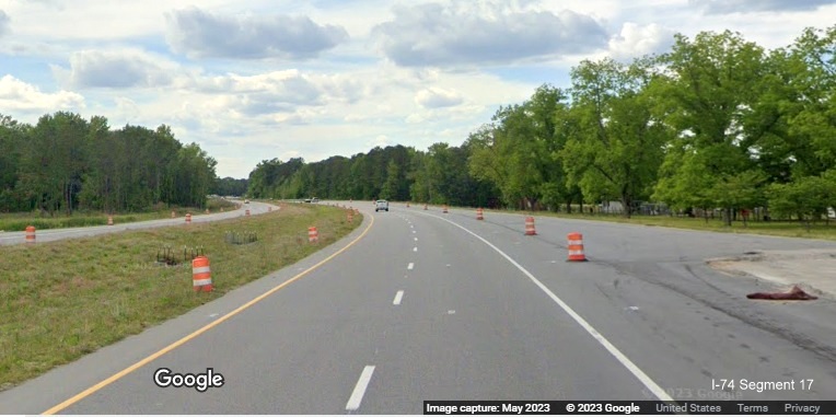 Image of future on-ramp from Old Boardman Road merging with US 74/NC 130 West, Google Maps 
        Street View image, April 2023