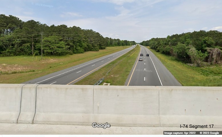 Image of interstate standard US 74 (Future I-74) lanes from Broadridge Road bridge in Robeson
        County, Google Maps Street View, April 2022