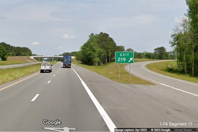 Image of Broadridge Road exit gore sign on US 74 (Future I-74) West in Robeson County, Google Maps Street View, April 2022