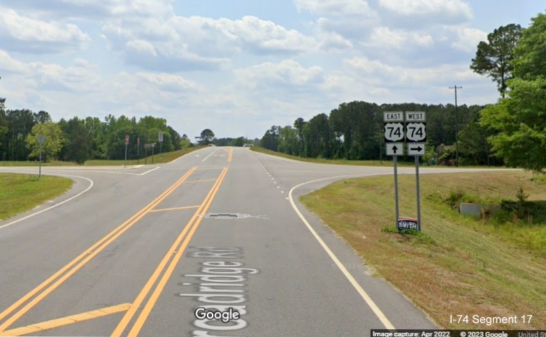 Image of US 74 trailblazers approaching westbound on-ramp on Broadridge Road in Robeson County, Google Maps Street View, April 2022