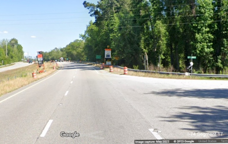 Image of intersection with V.C. Britt Road prior to Lumber River bridges on US 74 East in Robeson 
        County, Google Maps Street View, May 2022