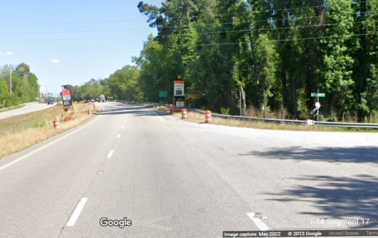 Image of intersection with V.C. Britt Road prior to Lumber River bridges on US 74 East in Robeson 
        County, Google Maps Street View, May 2022