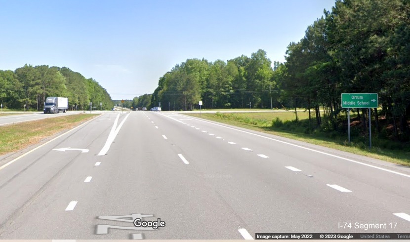 Image of US 74 East approaching Creek Road intersection in Orrum, Google Maps Street View, May 2022