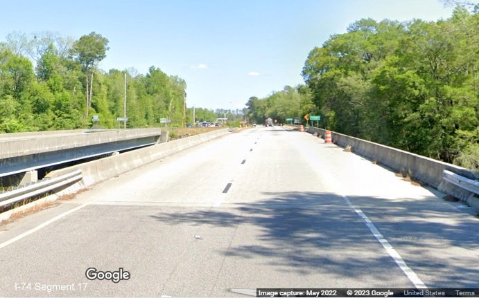 Image of first of three Lumber River bridges on US 74(Future I-74) East in Robeson 
        County, Google Maps Street View, May 2022