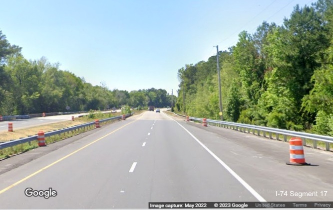 Image of the first of three bridges over the Lumber River on US 74 (Future I-74) West in Boardman, 
        Google Maps Street View, May 2022