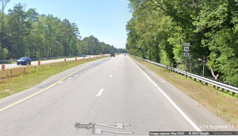 Image of East US 74 tralblazer to allow westbound traffic to access the intersection with V.C. Britt Road prior to Lumber River bridges on US 74 East in Robeson 
        County, Google Maps Street View, May 2022