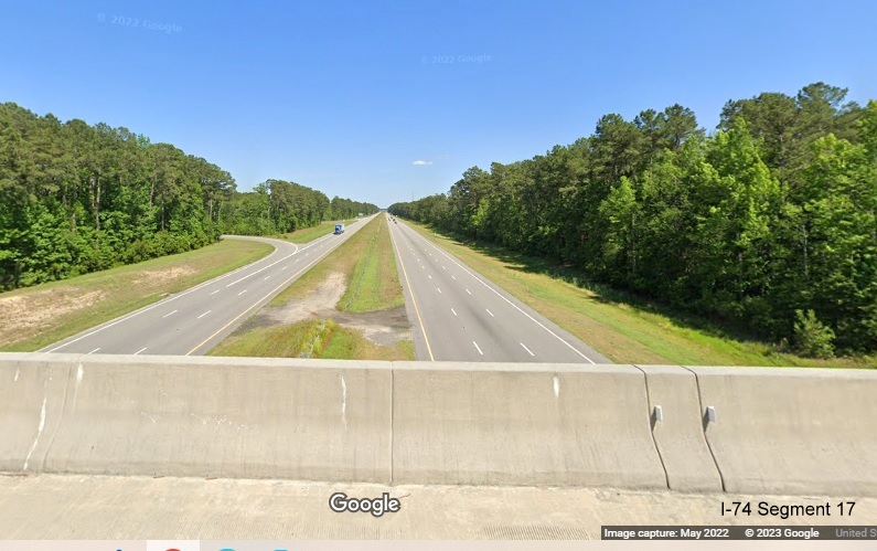 Image of interstate standard US 74 (Future I-74) highway from NC 242 bridge in 
        Columbus County, Google Maps Street View image, May 2022
