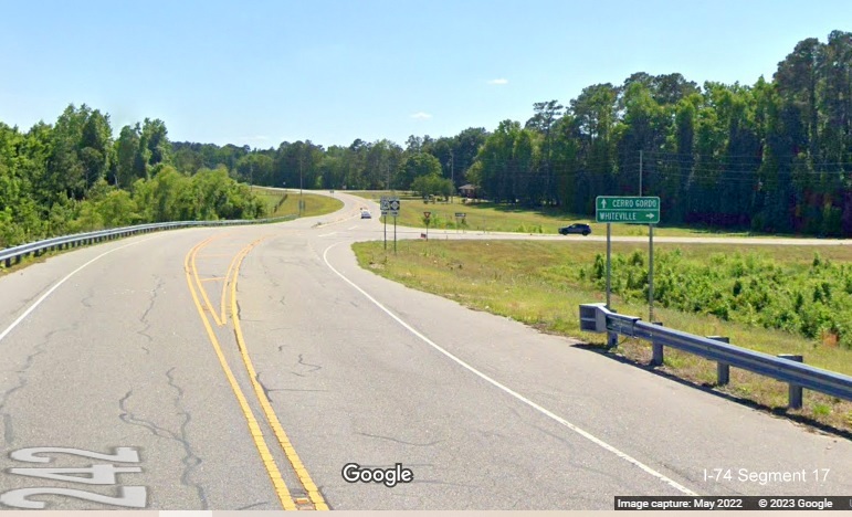 Image of East US 74 trailblazer at ramp to Future I-74 East in 
        Columbus County, Google Maps Street View image, May 2022