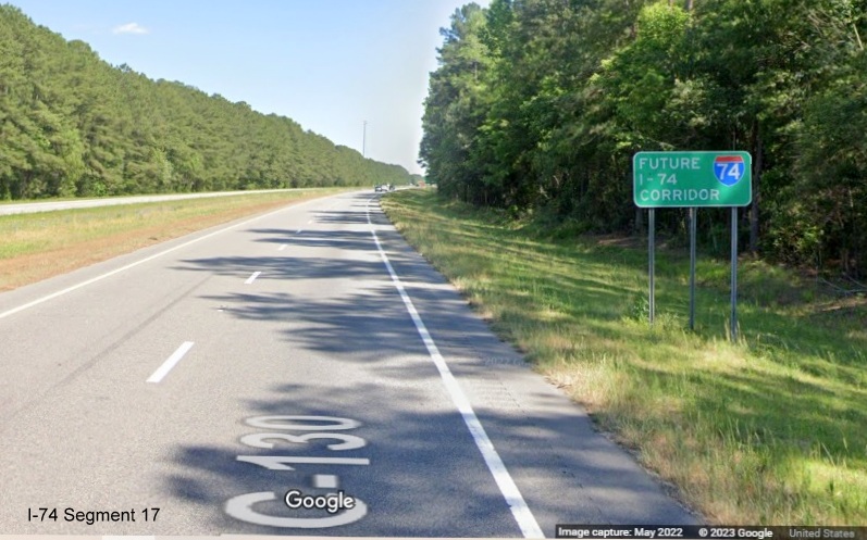 Image of Future I-74 Corridor sign on US 74 East after NC 242 exit in 
        Columbus County, Google Maps Street View image, May 2022