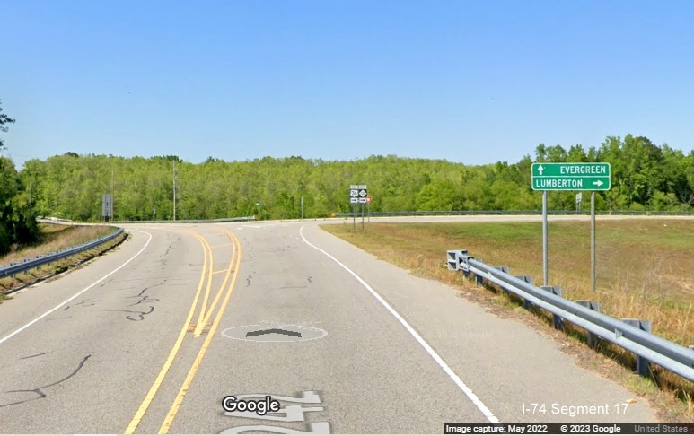 Image of West US 74 trailblazer on NC 242 North in 
        Columbus County, Google Maps Street View image, May 2022