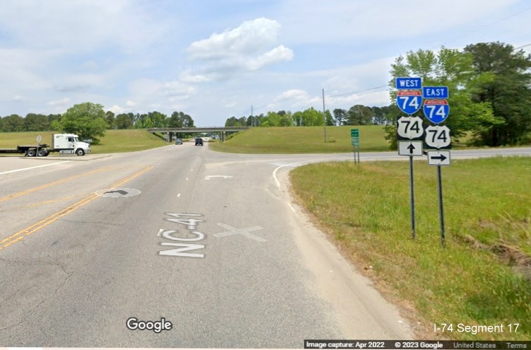 Image of I-74 and US 74 trailblazers approaching the eastbound ramp on NC 41 North, 
        Google Maps Street View April 2022