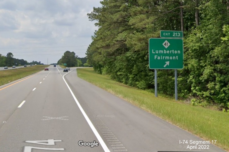 Image of ramp sign for NC 41 exit on US 74 (Future I-74) West in Robeson County, 
        Google Maps Street View April 2022