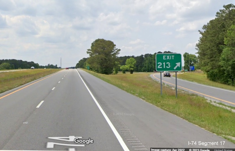 Image of gore sign for NC 41 exit on US 74 (Future I-74) West in Robeson County, 
        Google Maps Street View April 2022