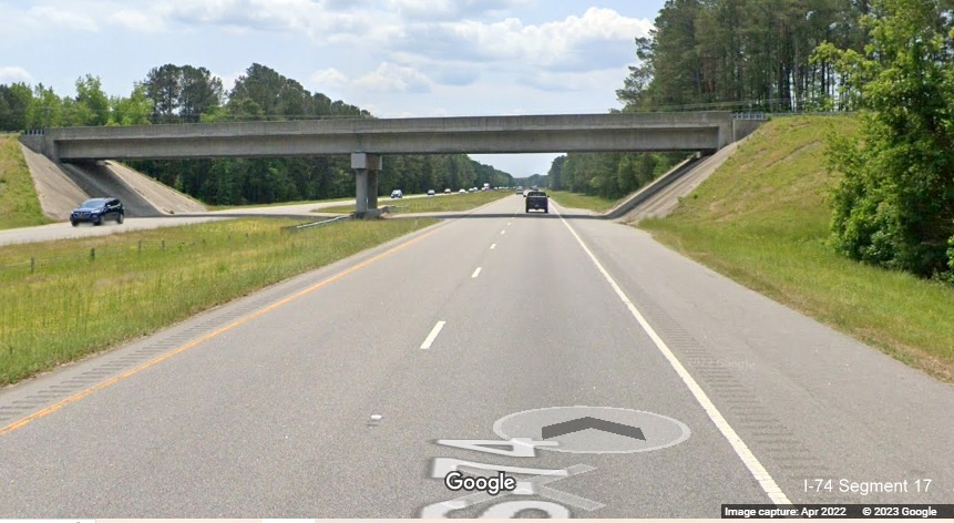 Image of interstate standard shoulders around the Kingsdale Road bridge over US 74 
      (Future I-74) in Robeson County, Google Maps Street View, April 2022