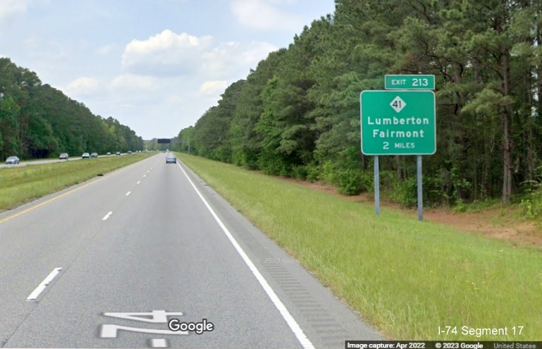 Image of 2 miles advance sign for NC 41 exit on US 74 (Future I-74) West in Robeson County, 
        Google Maps Street View April 2022