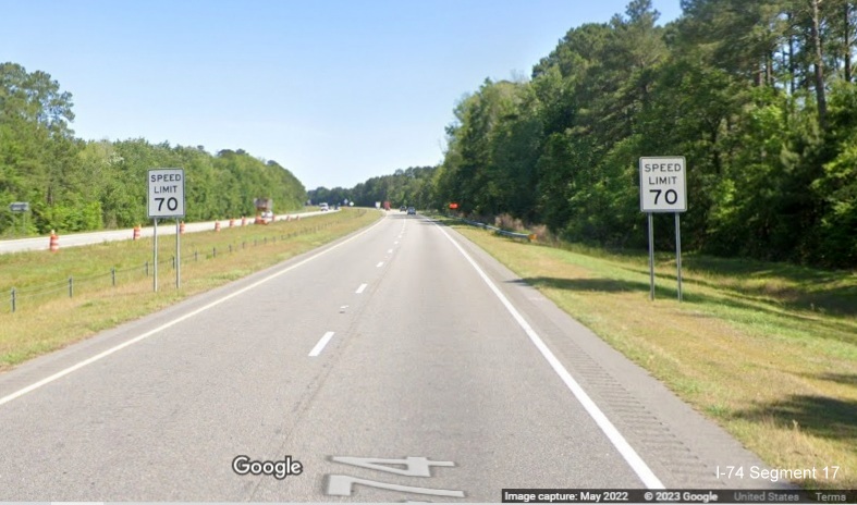 Image of 2 Speed Limit 70 signs as freeway resumes after Boardman interchange construction zone 
       on US 74 (Future I-74) East in Columbus County, Google Maps Street View image, May 2022