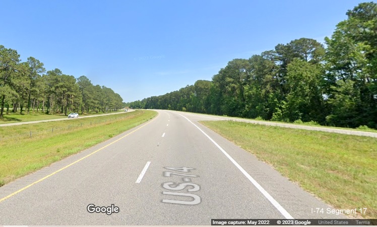 Image of US 74 (Future I-74) East merging with US 76 East near Whiteville in Columbus County, 
        Google Maps Street View image, May 2022