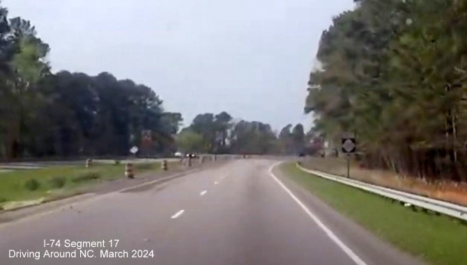 Screen grab image approaching current intersection with NC 130 West on US 74 (Future I-74) West 
       beyond Boardman, Driving Around NC, March 2024