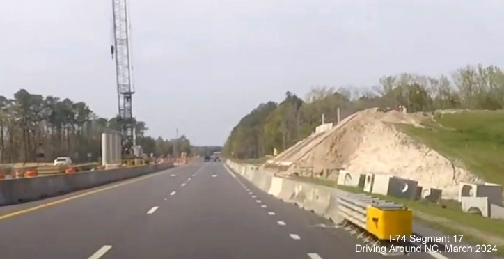 Screen grab image of closure view of future NC 130 West bridge over US 74 (Future I-74) West 
       in Robeson County, Driving Around NC, March 2024