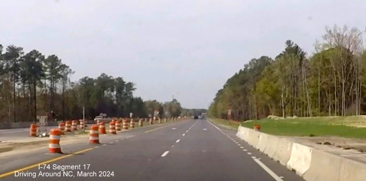 Screen grab image approaching closed intersection with NC 72 West on US 74 (Future I-74) West 
       in Robeson County, Driving Around NC, March 2024