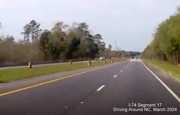 Screen grab image approaching end of NC 130/72 West work zone on US 74 (Future I-74) West 
       in Robeson County, Driving Around NC, March 2024