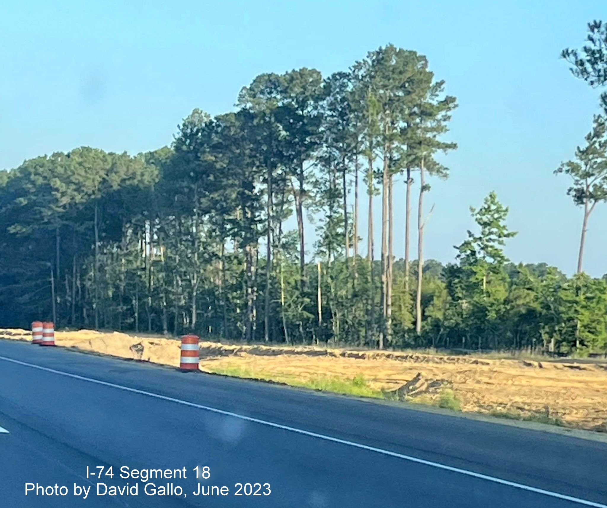 Image of future on-ramp from Chauncey Town Road being graded along US 74/76 (Future I-74) West
         in Lake Waccamaw, by David Gallo, June 2023
