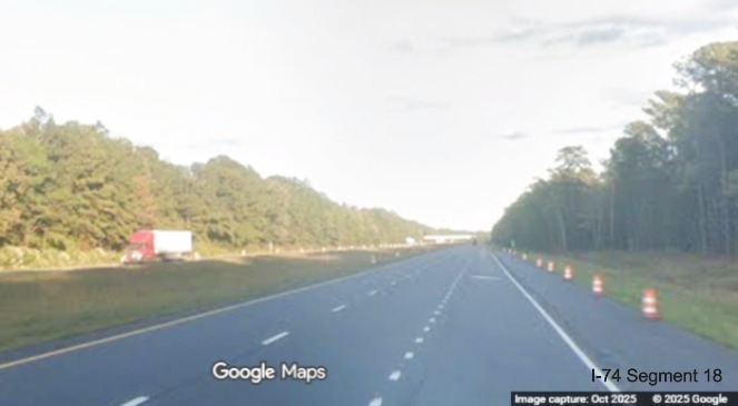 Image of on-ramp lane ending along US 74/76 East after Chauncey Town Road in Lake 
	   Waccamaw, Google Maps Street View, October 2025