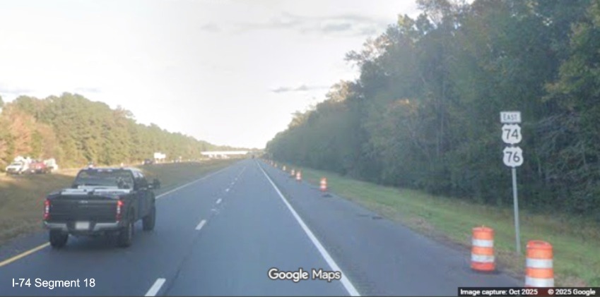 Image of East US 74/76 East reassurance marker after Chauncey Town Road exit in Lake 
	   Waccamaw, Google Maps Street View, October 2025