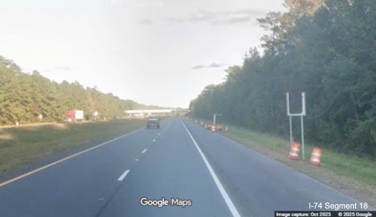 Image of covered over Speed Limit 70 sign along US 74/76 East after Chauncey Town Road 
	  in Lake Waccamaw, Google Maps Street View, October 2025