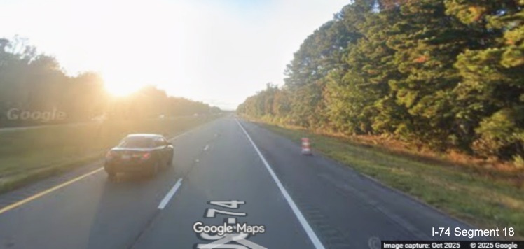 Image of mostly completed roadway along US 74/76 West in Lake Waccamaw, Google Maps 
	  Street View, October 2025