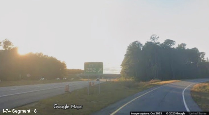Image of driving aloing ramp on Lake Waccamaw exit from US 74/76 (Future I-74) West 
	  in Lake Waccamaw, Google Maps Street View, October 2025
