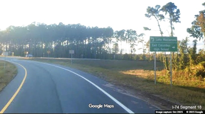 Image of guide signage at end of the Lake Waccamaw exit ramp from US 74/76 (Future 
	  I-74), Google Maps Street View, October 2025