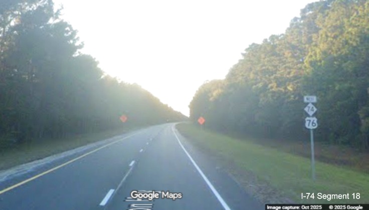 Image of inaccurate West NC 74/US 76 reassurance marker after Lake Waccamaw exit
	  on US 74/76 (Future I-74) West, Google Maps Street View, October 2025