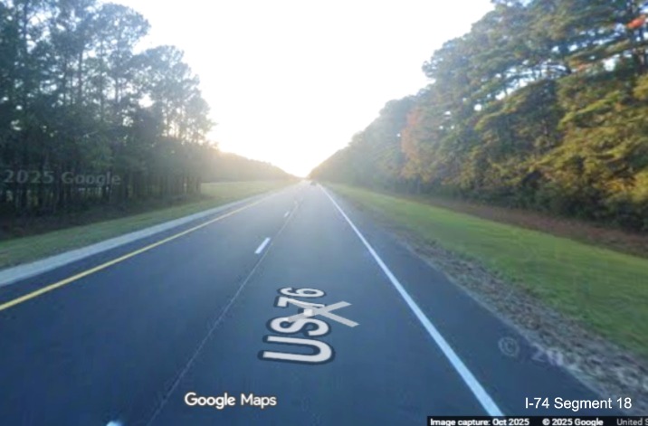 Image of recently paved roadway with substandard shoulders along US 74/76 (Future 
	  I-74) West in Lake Waccamaw, Google Maps Street View, October 2025