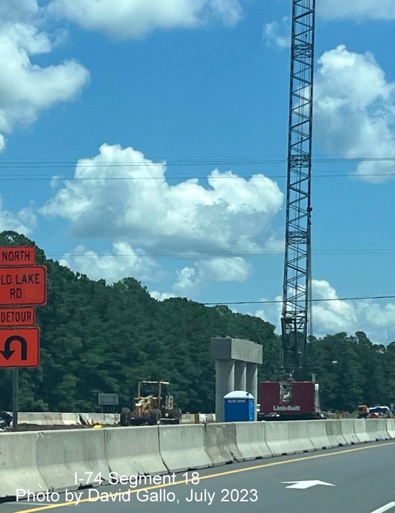 Image of crane used for constructing Old Lake Road bridge in Lake Waccamaw on US 74/76 (Future I-74) East, David Gallo, July 2023