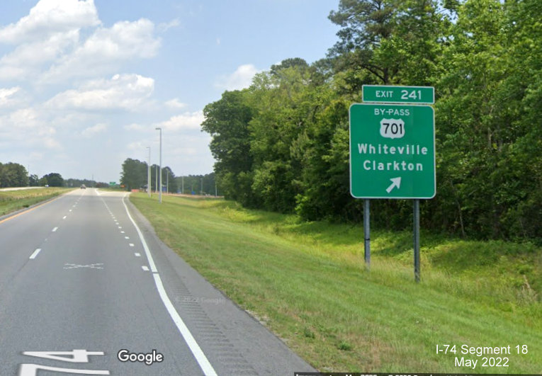 Image of ground mounted ramp sign for Bypass US 701 exit on US 74/76 (Future I-74) 
                                                   East Whiteville Bypass,  Google Maps Street View image, May 2022