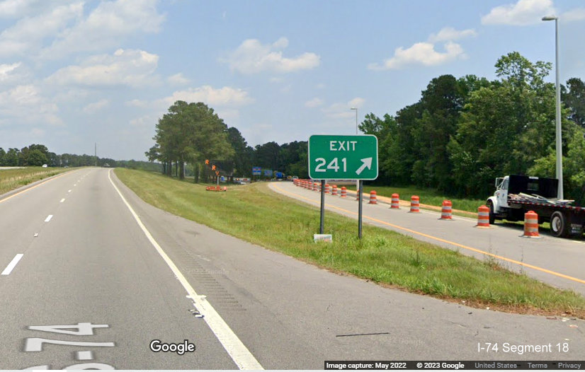Image of gore sign for Bypass US 701 exit on US 74/76 (Future I-74) 
                                                   East Whiteville Bypass,  Google Maps Street View image, May 2022