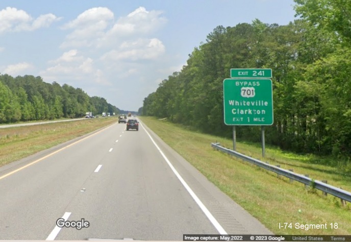 Image of ground mounted 1 mile advance sign for Bypass US 701 exit on US 74/76 (Future I-74) 
                                                   East Whiteville Bypass,  Google Maps Street View image, May 2022