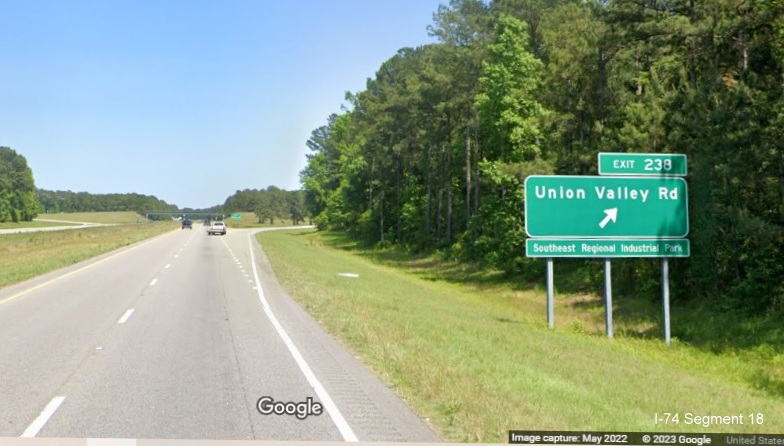 Image of ground mounted ramp sign for Union Valley Road exit on US 74/76 (Future I-74) East in Whiteville, Google Maps Street View image, May 2022
