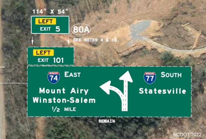 Image of plan for new exit number for I-74 exit off of I-77 in 
	  Surry County using I-74 mileage, NCDOT August 2022