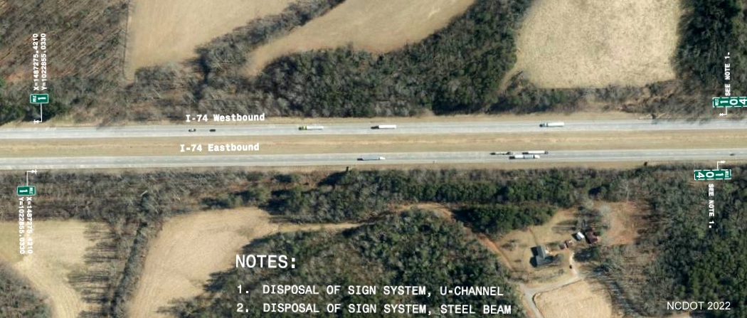 Image of sign location plan for proposed I-74 1 Mile markers on I-74/I-77 
	  in Surry County, NCDOT August 2022