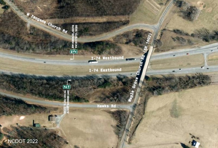 Image of sign location plan for proposed I-74 2 Mile markers on I-74/I-77 
	  in Surry County, NCDOT August 2022