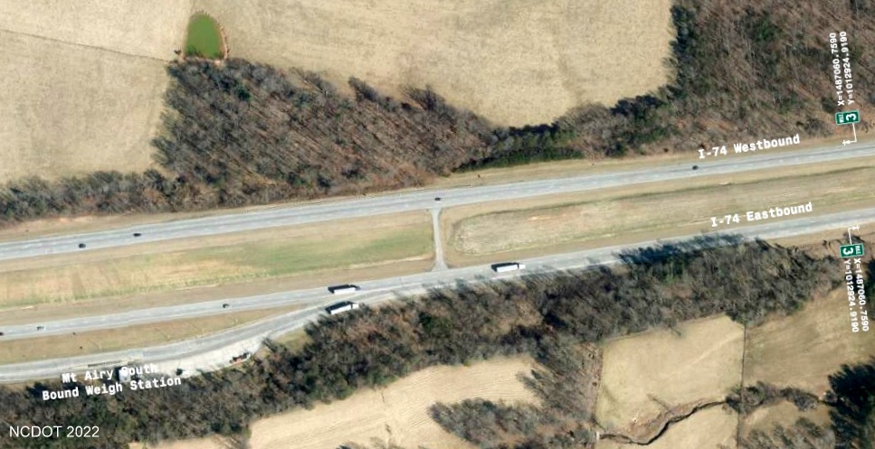 Image of sign location plan for proposed I-74 3 Mile markers on I-74/I-77 
	  in Surry County, NCDOT August 2022
