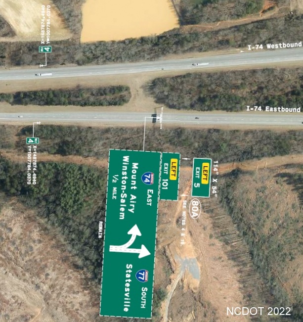 Image of sign location plan for proposed I-74 4 Mile markers on I-74/I-77 
	  in Surry County just prior or after I-74/I-77 interchange, NCDOT August 2022